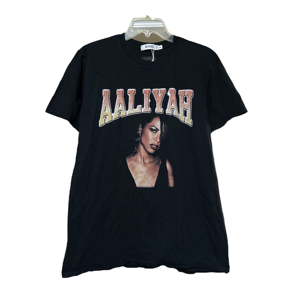 Aaliyah Womens Missguided Graphic Rap Hip Hop Black T-Shirt Size Medium
